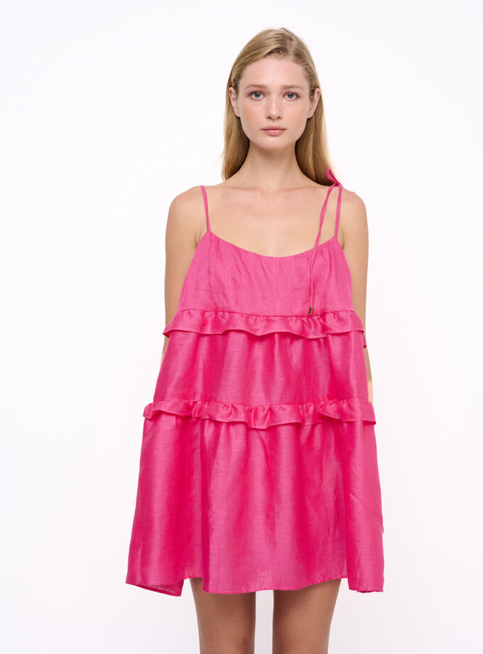 Fuchsia 3 Tier Ruffled Linen Mini Dress / Φούξια Λινό Μίνι Φόρεμα Με Βολάν - Elizabeth LaGre